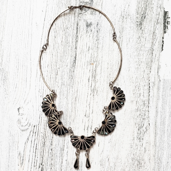 Mexico Sterling Black Onyx, MOP, Abalone Necklace. - Picture 6 of 16